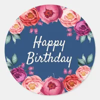 Birthday floral navy blue rose gold blush pink classic round sticker