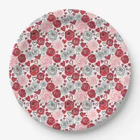 Doodle Art Style Red Pink Roses Hearts Valentine's Paper Plates