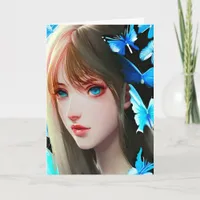 Pretty Women with Blue Butterflies Birthday Card