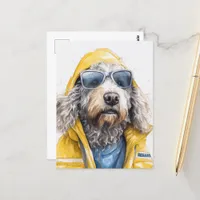 A Cute Doodle Dog in a Yellow Raincoat Postcard