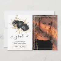 Black and Gold Floral Graduation Photo Announcement