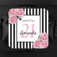 Birthday pink roses black stripes thank you square sticker