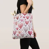 Pretty Pink and Red Hearts Print Valentine's Day Tote Bag