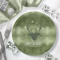 Deer Antlers Silhouette & Snowflakes Green ID861 Paper Plates