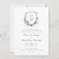 Formal Christmas Floral Crest Monogram Wedding Invitation