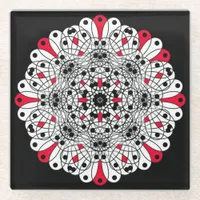 Red, Black and White Mandala  Glass Coasters