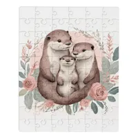 Adorable Otter Family  Sage and Dusty Rose Boho Jigsaw Puzzle