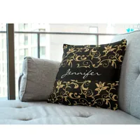 Elegant Royal Black and Gold  Damask Throw Pillow