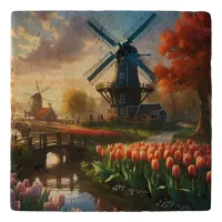 Windmill in Dutch Countryside by River with Tulips Trivet