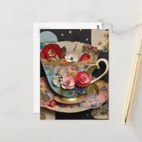 Colorful Teacup Collage Mixed Media Floral Postcard