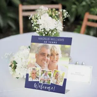 Navy blue photo collage birthday party welcome pedestal sign
