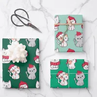 Cute Whimsical Green & Red Cartoon Cat Christmas Wrapping Paper Sheets