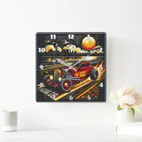 Hot rod racing at sunset city square wall clock