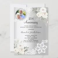 Silver florals photo 25th wedding anniversary invitation