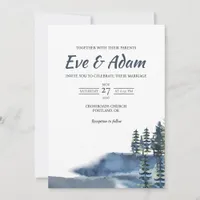 Blue Coast Pine Ridge Watercolor Winter Wedding Invitation