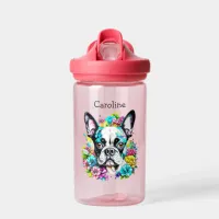 Boston Terrier surrounded by Flowers Personalized Water Bottle