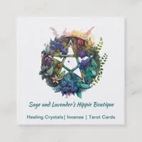 Colorful Watercolor Pentagram and Flowers  Square Business Card