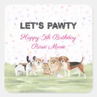 Cute Let's Pawty Pink Custom Dog Birthday Party Square Sticker