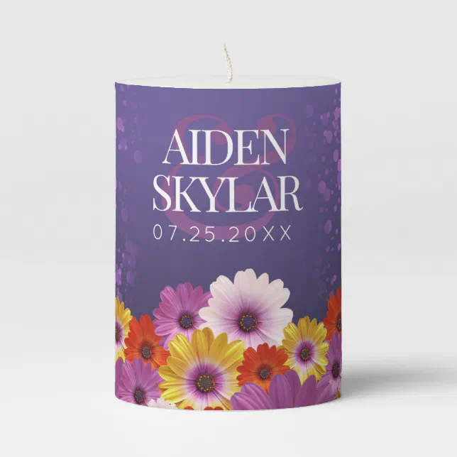 Elegant Daisies with Purple Glitter Wedding Pillar Candle