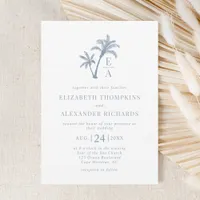 Tropical Palm Tree Monogram Beach Blue Wedding Invitation