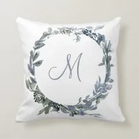 Greenery Wreath Watercolor Monogram Throw Pillow