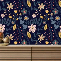 Lively Whimsical Flowers and Leaves on Navy Blue Wallpaper