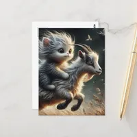 Adorable cat riding a goat postcard