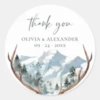 Rustic Antlers Mountain Wedding Thank You Classic Round Sticker