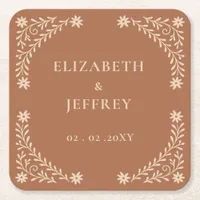 Elegant Boho Terracotta Floral Wedding  Square Paper Coaster