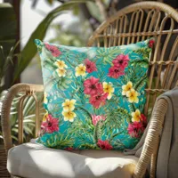 Watercolor Tropical Floral Palm Leaves Teal Outdoor Pillow