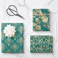 Teal and Gold Vintage Damask Wrapping Paper Sheets