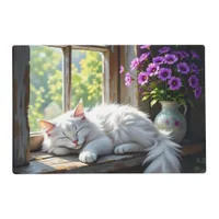 Cat Napping on the Window Sill | Purple Flowers Placemat