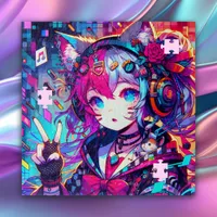 Glitchcore Colorful Anime Girl Artwork  Jigsaw Puzzle