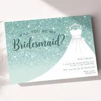 Teal Glitter Dress Will You Be My Bridesmaid Invitation