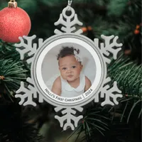 Festive Elegant Photo Baby's First Christmas Snowflake Pewter Christmas Ornament