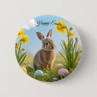 Cute Easter Bunny and Daffodil  Button