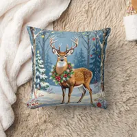 Christmas Deer in Festive Winter Forest  Throw Pillow