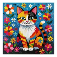Boho Folk Art Cat, Flowers & Butterfly  