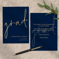 Elegant Script Navy Gold Graduation  Announcement