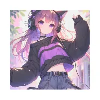 Pretty Anime Girl in Headphones with Cat Ears Metal Print