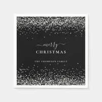 Silver Glitter Name Black Merry Christmas  Napkins