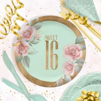 Gold Foil Floral Sweet Sixteen Mint Green ID757 Paper Plates