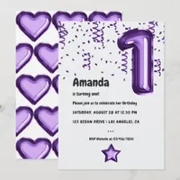 Violet Balloon 1st Birthday Party Invitation