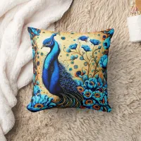 Colorful Peacock Among Vibrant Blue Flowers Throw Pillow