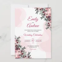 Blush Peony Plum Elegant Floral Watercolor Wedding Invitation