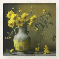 Antique Vase of Yellow Flowers Glass Coaster