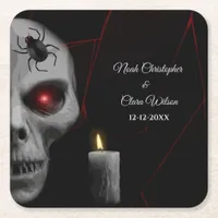 Gothic Skull Spider Candle - Dark Moody Halloween Square Paper Coaster