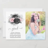 Pink and Black Vintage Floral Graduation Photo Announcement