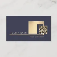 Elegant Navy Blue and Gold Shiny Scannable QR code Business Card