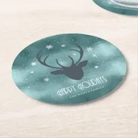 Deer Antlers Silhouette & Snowflakes Teal ID861  Round Paper Coaster